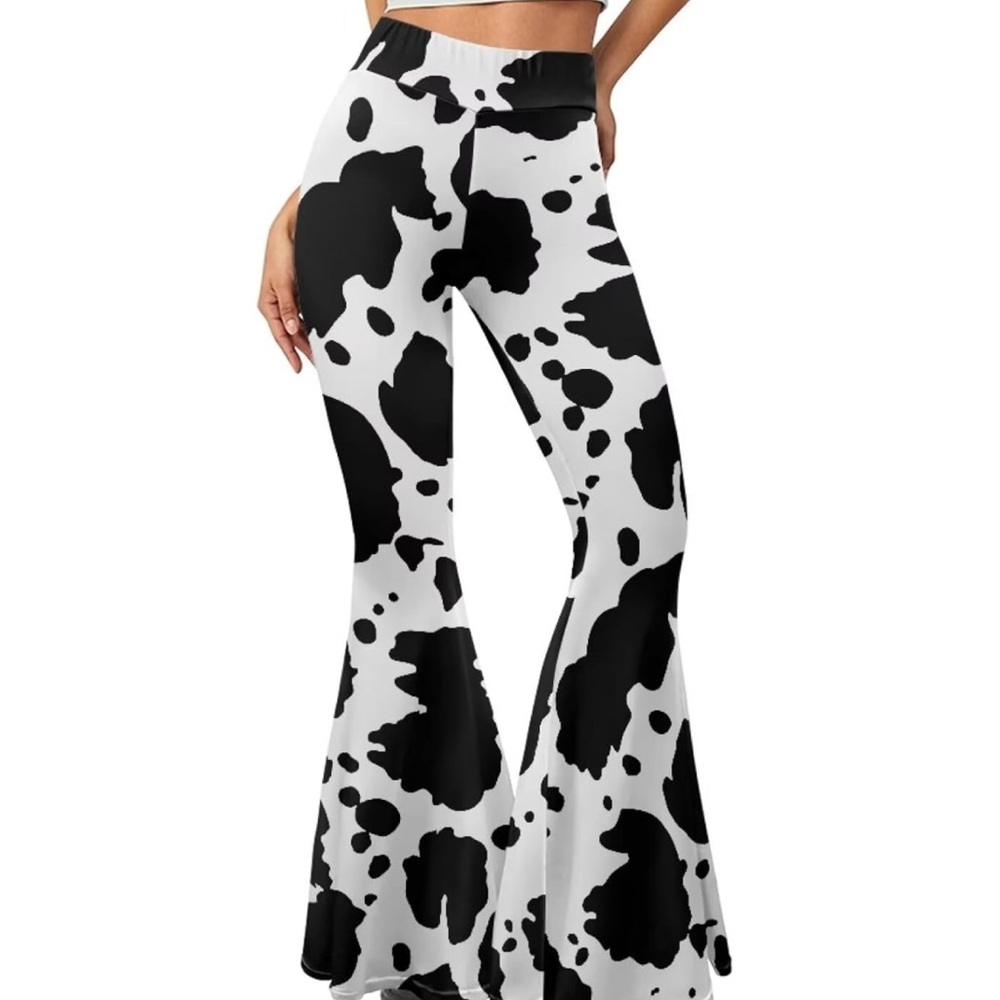 NWT Black and White Cow Print Flared Pants - Picture 2 of 6